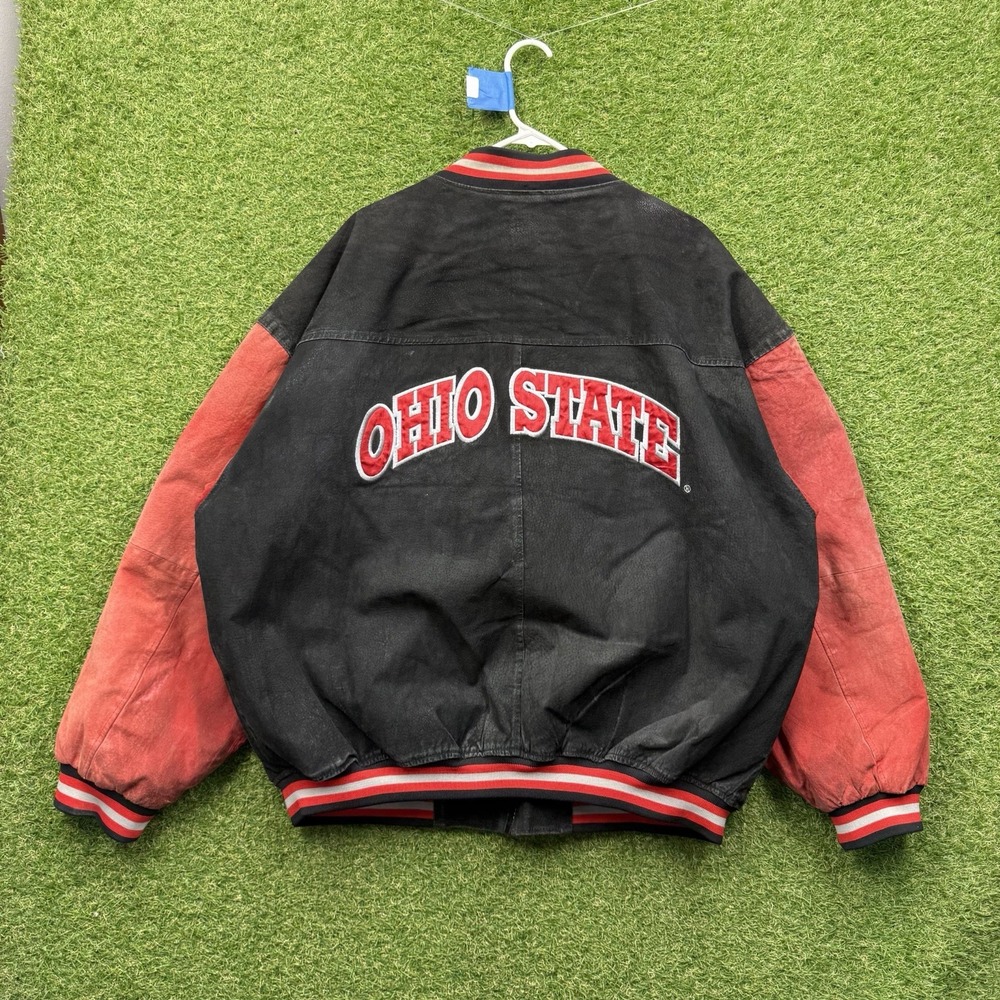 Ohio State Buckeyes Jacket Mens 2XL Suede Leather Black Zip Up Big Back Logo 90s